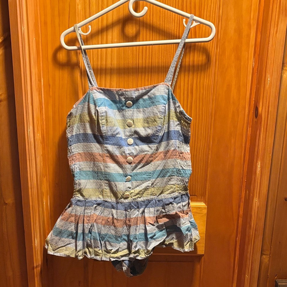 VINTAGE - Striped Button Swim Suit - Size 14